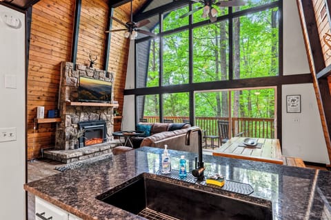 Smart TV, fireplace, books