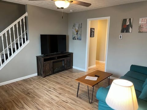 Living room with fireplace and 50" Roku TV with Netflix included