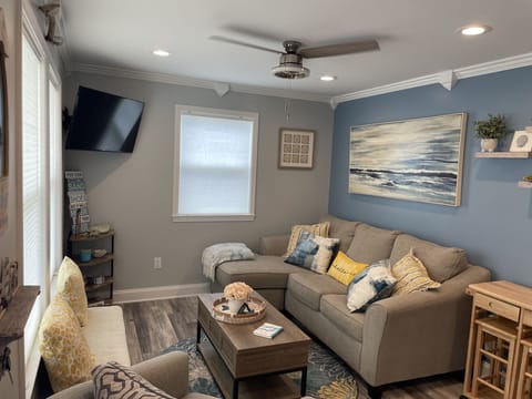 Living rm with pull out sofa bed.  Moveable cart with drop down flap for eating
