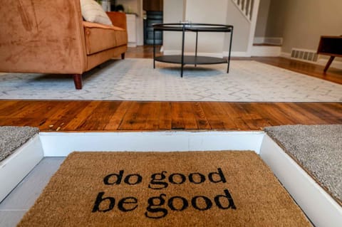 Start your stay with positive vibes—our welcome mat reminds you to 'Do good, be good' every time you step in