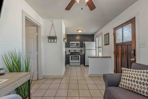 Brand new painted cabinets. Super cozy feel to the living room/kitchen area. 