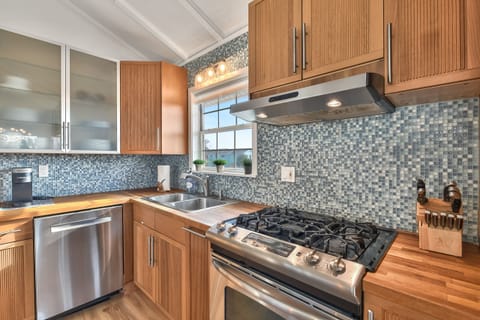 Stove and cooktop along with dishwasher and disposal~canal views from the window