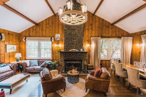 Our Living area with river rock fireplace.
