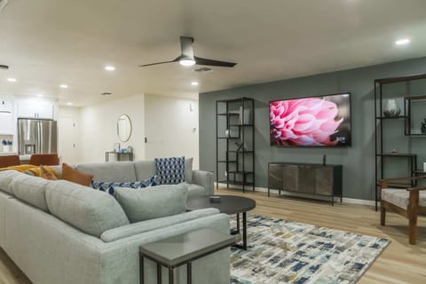 Large open living room with TV and streaming channels