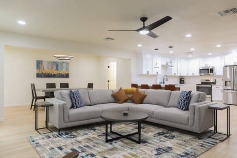 Large open living room with TV and streaming channels