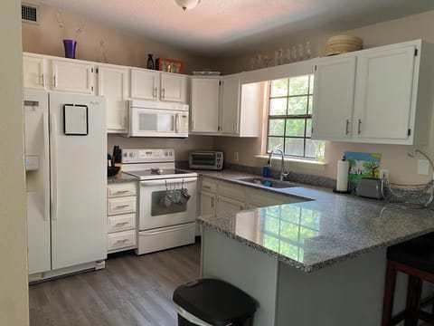 Kitchen has a lot of stuff you need for cooking 