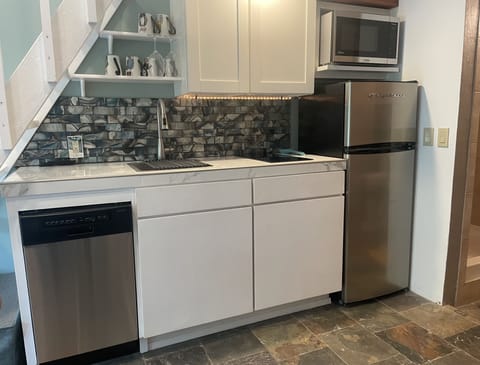 small fridge, small dishwasher, cooktop with exhaust fan, small microwave, sink 