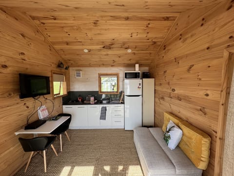 Kitchenette with full fridge and 2 burner gas hob.