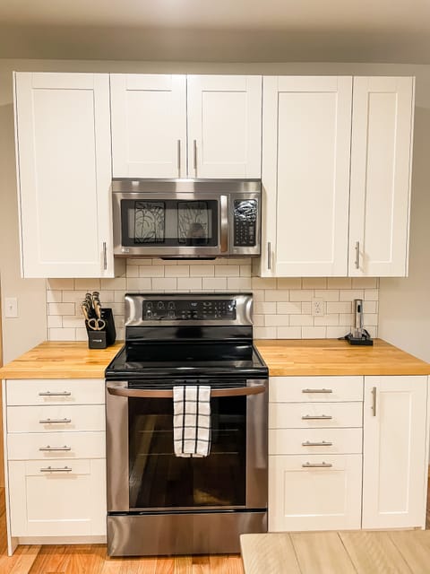 Full spice rack, salt & pepper, and olive oil available for your convenience. 