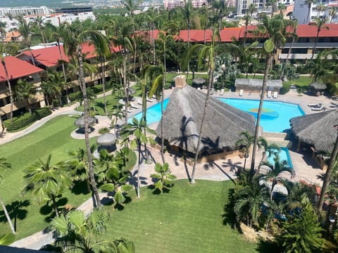 View of the pool from the balcony. 