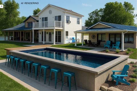 Rendering of pool currently under construction.  Yellow cottage not for rent.