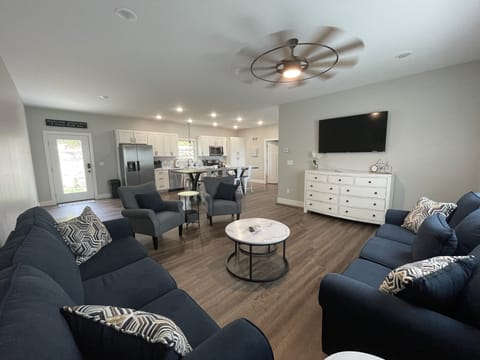 Living room with queen sofa bed and Roku TV.