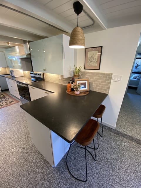 Kitchen peninsula and breakfast bar.