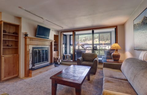 A cozy living room with TV and fireplace.
