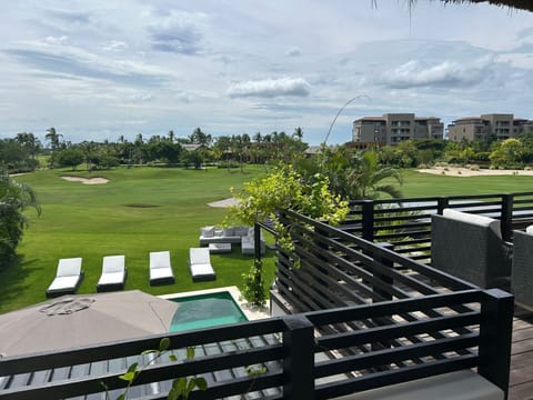 Private pool with golf course views and sun loungers