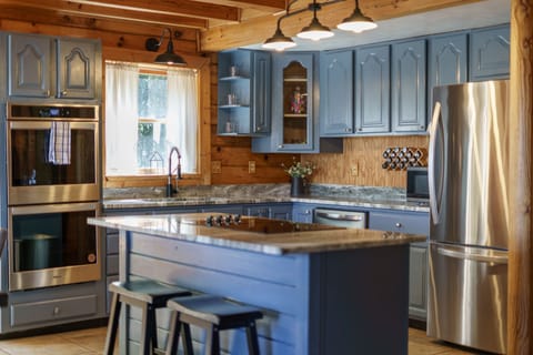 Double electric oven, cooktop, stainless fridge, and dishwasher. 