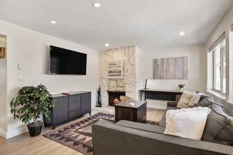 Cozy living room with large desk, wood-burning fireplace, TV, and queen-size pullout sofa