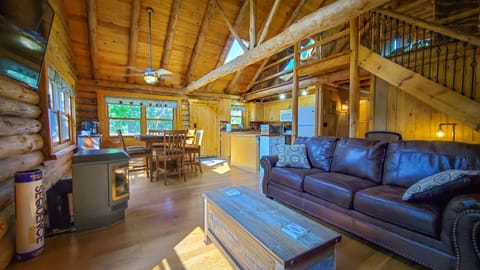 Vaulted ceilings, gas fireplace, and open floor plan. Room for up to 10 guests. 