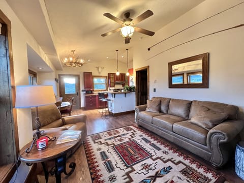 Main room of cabin as seen from patio door
