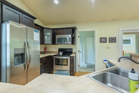 The main entrance is off the kitchen.