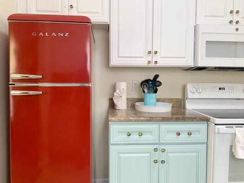 Full equipped modern kitchen with retro refrigerator 