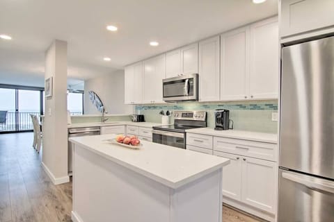 New renovated kitchen with views of the beach and ocean.