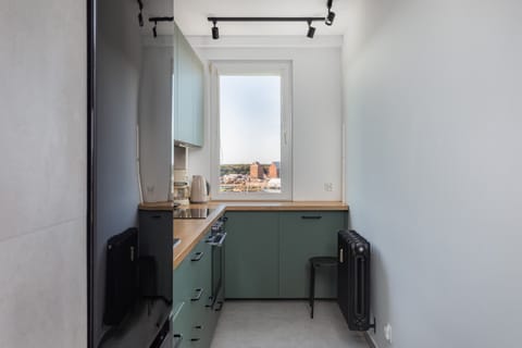 A compact kitchen with sage green cabinets, a large window, and a minimalist style.
