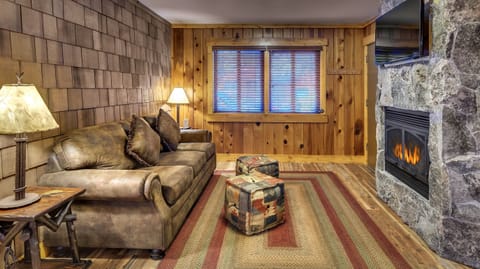 Living Room with Queen Size Sleeper, Stone Fireplace, Flat Screen TV.