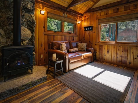 Living room: vaulted ceiling, air conditioning, central heating system, gas fireplace, All American Leather sleeper sofa and TV.