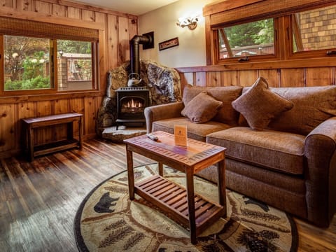 Unit #8: living room with AC, gas burning fireplace, full size sleeper sofa, flat screen TV, custom made cabinets, hard floors and beautifully appointed.