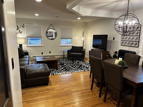 Looking into open concept living and dining area 
