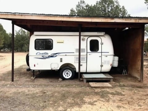 The Casita camper has no kitchen or bath or electricity. Good for glamping.