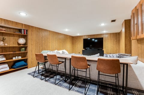 Lower level entertainment center.  85 inch TV