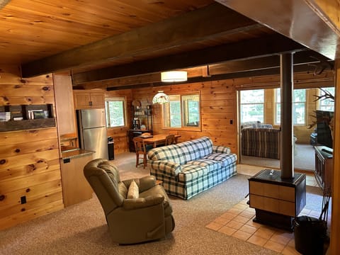 Main living space with pull out sofa and open to kitchen