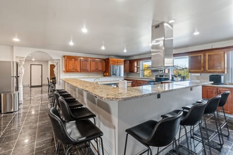Main Kitchen with stone counters, stainless appliances, 2 fridges, 2 stoves, & 2 dishwashers with island seating for 10!