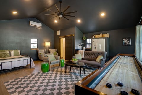 Studio Suite: King bed, Queen Murphy bed, lounge area, shuffleboard, and full-size fridge — the ultimate flex space.