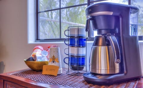 Coffee station, coffee maker dual drip coffee, k-pod, French press provided.