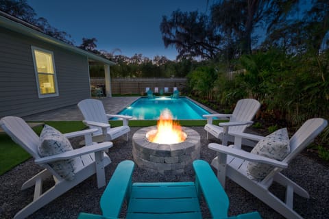 Take a dip in the heated pool and dry off by the fire