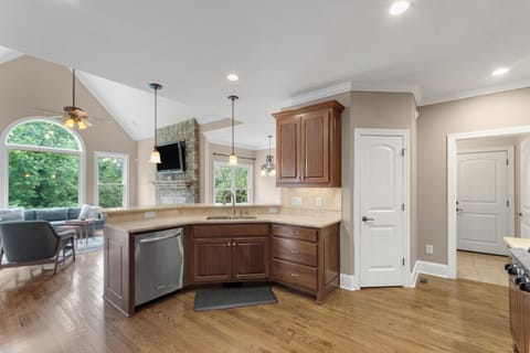 Dishwasher, refrigerator, 6-burner stove, 2 ovens, microwave.