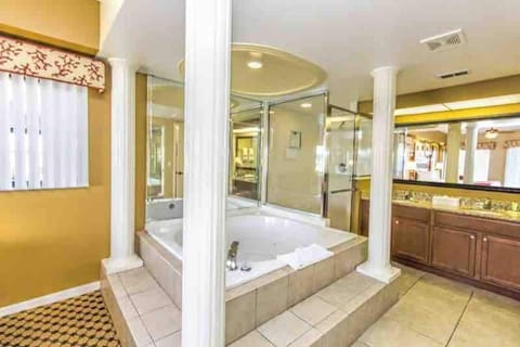 Bathtub, jetted tub, hair dryer, towels