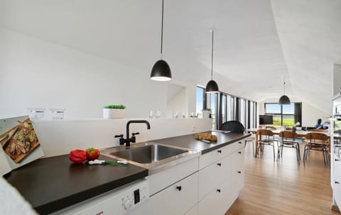 Fridge, stovetop, dishwasher, coffee/tea maker