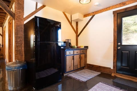 Refrigerator and coffee station.