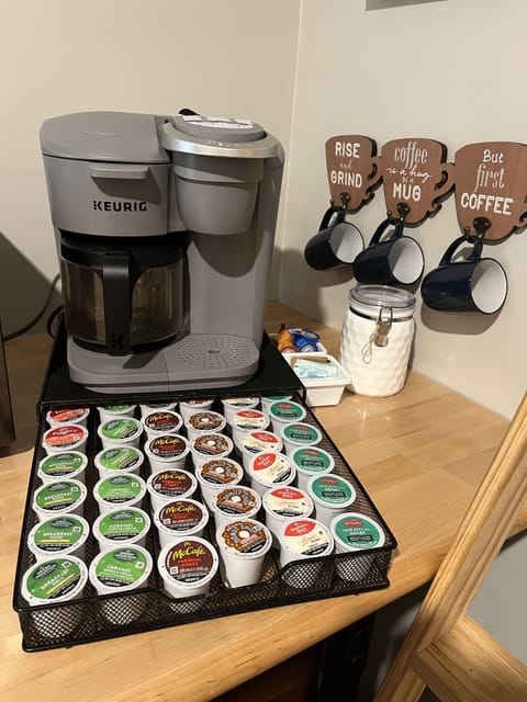 We always supply coffee. Enjoy a cup on the screened in porch.