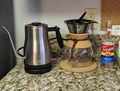 For the perfect cup try the Bodum pour over coffee maker and water kettle.