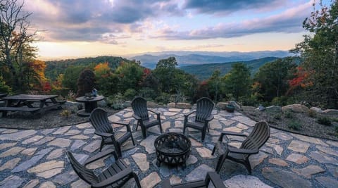 Fire Pit of the Mountain Oasis, overlooking Brevard and the mountains and sunset
