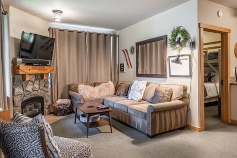 Living Room - TV, Gas Fireplace, Queen sleeper sofa, slope- side view