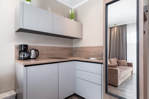 A sleek and fully equipped kitchen with modern appliances and minimalist design.
