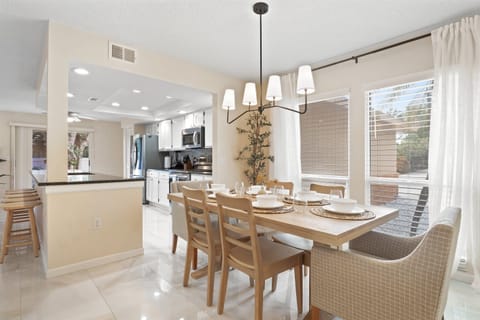 Open and connected kitchen and dining area