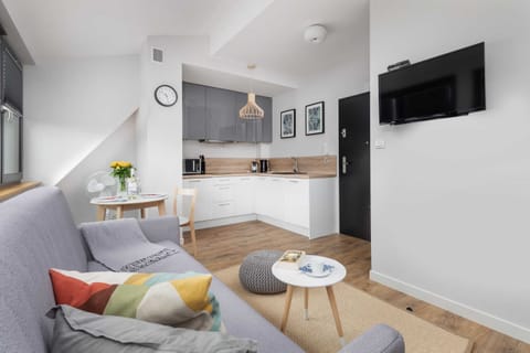 Another angle of the living room, highlighting the cozy sofa, coffee table, and stylish decor.