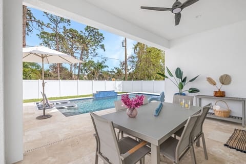 Enjoy your private fully fenced in pool area with a large heated saltwater pool